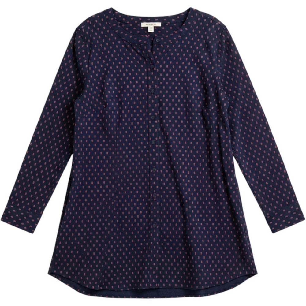 Duluth Trading Co Button Up Tunic Women L Blue Pink Pineapple Cotton Blend Shirt